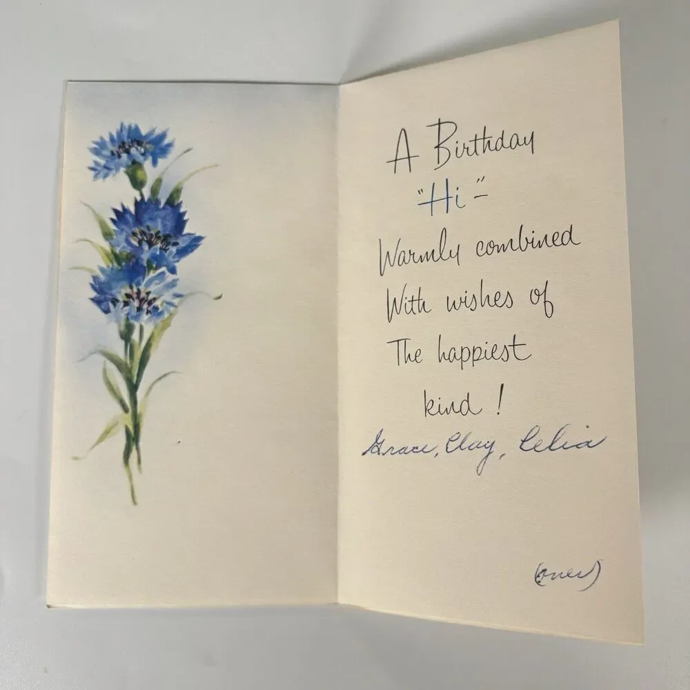 Vintage Birthday Wishes Card Blue Flowers Glitter Famous Artists Studios Floral